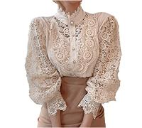 Women Lace Tops Elegant Ruffle Blouse 3/4 Sleeve Vintage Victorian Blouse Stand Collar Tunic Tops Casual Hollow Out Flower Patchwork Button Down Lace Shirts