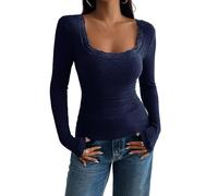 Women Lace Trim Crop Top Long Sleeve U Neck Tight Basic Layering Blouses Y2k Aesthetic Going Out Tops Streetwear (B-Deep Blue, S)