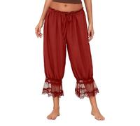 Women Lace Trim Long Bloomer Pants Y2k Smocked Elastic Waist Ruffle Pettipants Pantaloons Cropped Slip Pants(Orange Red,Small)