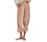 Women Lace Trim Long Bloomer Pants Y2k Smocked Elastic Waist Ruffle Pettipants Pantaloons Cropped Slip Pants(Champagne,Medium)