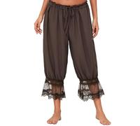 Women Lace Trim Long Bloomer Pants Y2k Smocked Elastic Waist Ruffle Pettipants Pantaloons Cropped Slip Pants(Dark Brown,Small)