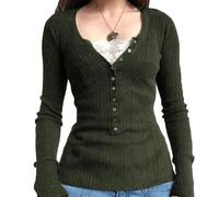 Women Lace Trim Long Sleeve Shirt Fairy Grunge Fitted Crop Top Y2K Low Cut Going Out Tops Vintage Coquette Shirt B Green