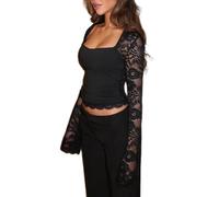 Women Lace Trim Patchwork Tee Shirt Square Neck Bell Long Sleeve Crop Top Y2k Floral Lace Slim Fit Going Out Crop Tops (Sheer Black, XL)