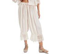 Women Lace Trim Pettipants Ruffle Pumpkin Pants Bloomers Vintage Long Pantaloons Wide Leg Lounge Capris Slip Pants, White, Large