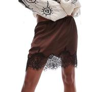 Women Lace Trim Silk Mini Skirt Y2k Lacy Satin A Line Half Silp Short Skirt Cute High Waist Underskirt, Satin Brown, S