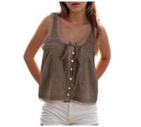 Women Lace Trim Vest Tank Tops Tie Button Front Crop Going Out Tops Sleeveless Ruffled Lace Trim Chiffon Summer Camisoles Ladies Boho Scoop Neck Flowy Mesh Cropped Vest Sheer Top for Women (Brown, S)
