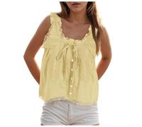 Women Lace Trim Vest Tank Tops Tie Button Front Crop Going Out Tops Sleeveless Ruffled Lace Trim Chiffon Summer Camisoles Ladies Boho Scoop Neck Flowy Mesh Cropped Vest Sheer Top for Women (Yellow, S)