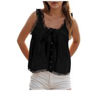 Women Lace Trim Vest Tank Tops Tie Button Front Crop Going Out Tops Sleeveless Ruffled Lace Trim Chiffon Summer Camisoles Ladies Boho Scoop Neck Flowy Mesh Cropped Vest Sheer Top for Women (Black, M)