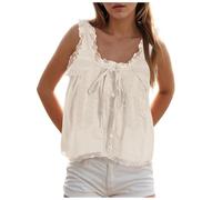 Women Lace Trim Vest Tank Tops Tie Button Front Crop Going Out Tops Sleeveless Ruffled Lace Trim Chiffon Summer Camisoles Ladies Boho Scoop Neck Flowy Mesh Cropped Vest Sheer Top for Women (White, L)