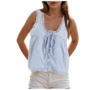Women Lace Trim Vest Tank Tops Tie Button Front Crop Going Out Tops Sleeveless Ruffled Lace Trim Chiffon Summer Camisoles Ladies Boho Scoop Neck Flowy Mesh Cropped Vest Sheer Top for (Sky Blue, S)