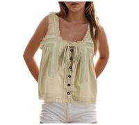 Women Lace Trim Vest Tank Tops Tie Button Front Crop Going Out Tops Sleeveless Ruffled Lace Trim Chiffon Summer Camisoles Ladies Boho Scoop Neck Flowy Mesh Cropped Vest Sheer Top for (Light Green, L)