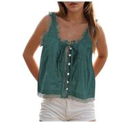 Women Lace Trim Vest Tank Tops Tie Button Front Crop Going Out Tops Sleeveless Ruffled Lace Trim Chiffon Summer Camisoles Ladies Boho Scoop Neck Flowy Mesh Cropped Vest Sheer Top for (Dark Green, L)