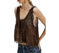 Women Lace Trim Vest Tank Tops Y2K Sleeveless Ruffled Sheer Tie Button Front Chiffon Boho Crop Top Cute Summer Cami Shirt (UK, Alpha, L, Regular, Regular, A-Coffee)