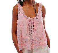 Women Lace Trim Vest Tank Tops Y2K Sleeveless Ruffled Sheer Tie Button Front Chiffon Boho Crop Top Cute Summer Cami Shirt (UK, Alpha, L, Regular, Regular, A-Mixed Color)