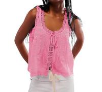 Women Lace Trim Vest Tank Tops Y2K Sleeveless Ruffled Sheer Tie Button Front Chiffon Boho Crop Top Cute Summer Cami Shirt (UK, Alpha, L, Regular, Regular, A-Pink)