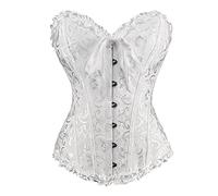 Women Lace Up Floral Burlesque Basque Bustier Shaper Overbust Boned Corset Top (Floral White, 10)