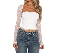 Women Lace Y2K Sheer Shirt Long Sleeve Sexy Low Cut Cropped Tight Tube Top Floral Lace Fitted Bolero Shrug Set(Great White 4,M)