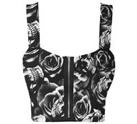 Women Ladies Boobtube Sexy Zip Crop Top Front Padded Strap Bralet Bra Top Vest 8-14 (M/L (12-14 UK), Skull Rose Print)