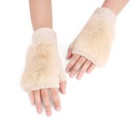 Women Ladies Cozy Faux Fur Winter Short Knitted Fingerless Thumbhole Gloves Thermal Wrist Mittens School Office Driving Typing Writing Fingerless Gloves Hand Warmer Beige