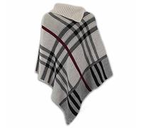 Women Ladies Knitted Poncho Pullover High Neck Checked Tartan Shawl Jumper Top (20-22, STONE)