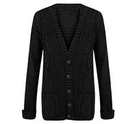 Women Ladies Long Sleeve Button Top Chunky Aran Cable Knitted Grandad Cardigan (M/L, Black)