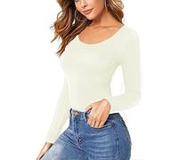 Women Ladies Long Sleeve Round Neck Plain Top Stretchy Casual T Shirts Basic Slim fit Tee Tops 12-14 - Cream