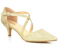 Women-Ladies-Low-Kitten-Heel-Strappy-Diamante-Glitter-Court-Shoes-Party-and-Bridal-Wear New Size 3 to 8 (4 UK, Gold Glitter)