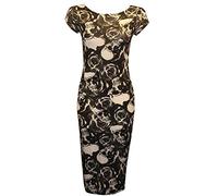 Women Ladies Printed Jersey Stretch Crew Neck Bodycon Cap Sleeve Midi Dress 8-26 (UK 16-18, Skull & Roses)