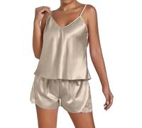 Women Ladies Satin Silk Lace Cami Vest Shorts Lingerie Pyjamas Set Pj - Wom | Plus Size Two Piece Pajama Set - Camisole Top Shorts Lace Trim V-Neck Lightweight Lounge Set Loose Fit Cozy Loungewear