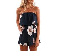 Women Ladies Summer Floral Print Jumpsuit Playsuits Casual Sleeveless Bandeau Shorts Jumpsuits Overalls Strapless Off Shoulder Wide Leg Short Romper Beach Club Wear Going Out Summer (Navy, XXL)