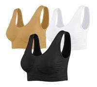 Women Ladies Super Comfort Sports Bra with Removable Pads, High Support Wireless Breathable Everyday Comfy Yoga Bras (Pack of 3) - Blk-Wht-Beig - XL