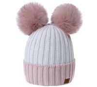 Women Ladies Winter Beanie Hat Knitted Chunky Beanie Hat with Double Faux Fur Pom Pom MFAZ Morefaz Ltd (Powder-Pink White)