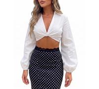 Women Lapel Deep V Twist Front Crop Blouse Long Puff Sleeve Collared Shirt | Soft and comfortable, turn-down collar, easy to match, for summer or early fall
