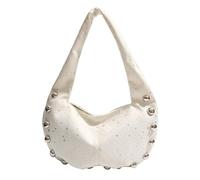 Women Large Capacity Handbag Studded Half Moon Shoulder Bag Solid Color Hobo Bag Rivet Shoulder Purse for Travel Shopping Work Daily Use (White)