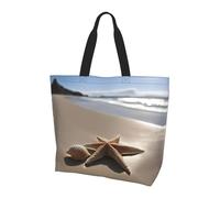 Women Large Capacity Starfish Seashell Sandy Beach Print Shoulder Bags with Pocket for Shopping Work College Travel