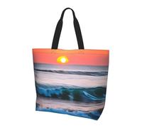 Women Large Capacity Sunset and Sunrise with Ocean Sea Waves Print Shoulder Bags with Pocket for Shopping Work College Travel