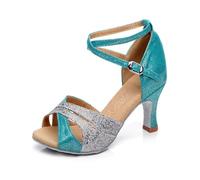 Women Latin Dance Shoes Soft Sole Ballroom Tango Dancing for Woman Ladies Girl Sequin 5cm Heeled Party Thick(Light Blue 5 Outdoor,37)
