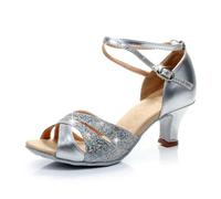 Women Latin Dance Shoes Soft Sole Ballroom Tango Dancing for Woman Ladies Girl Sequin 5cm Heeled Party Thick(Silver 5CM Outdoor,41)
