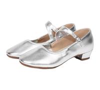 Women Latin Dance Shoes Wide Fit ow Heel Black Strappy Sandals Soft Leather ractice rofessional Competition Pointed Toe Shallow Mouth Adjustable Buckle Ankle Strap Dancing Shoe (Silver, 4)