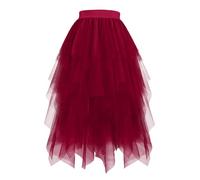 Women Layered Tulle Skirts Mesh Flowy Maxi Skirt Elastic High Waisted A-Line Skirt Summer Casual Long Skirt Wine