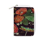 Women Leather Card Holder Coin wallet, Zipper Purse Key Change Compact Organizer Clutch Pouch Pocket 4.5x3.15 in Print Vintage Embroidery Red Poppies Peonies Green Dragonflies
