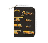 Women Leather Card Holder Coin wallet, Zipper Purse Key Change Compact Organizer Clutch Pouch Pocket 4.5x3.15 in Print Yellow Construction Machinery Trucks, Crane, Loader, Bulldozer