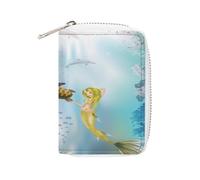 Women Leather Card Holder Coin wallet, Zipper Purse Key Change Compact Organizer Clutch Pouch Pocket 4.5x3.15 in Print Two Mermaids Dolphins Sea Turtle Undersea World