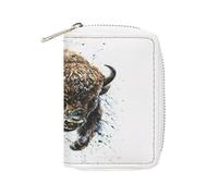 Women Leather Card Holder Coin wallet, Zipper Purse Key Change Compact Organizer Clutch Pouch Pocket 4.5x3.15 in Print Watercolor Angry Buffalo, Bison, Bull, Wild Animal Paint