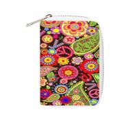 Women Leather Card Holder Coin wallet, Zipper Purse Key Change Compact Organizer Clutch Pouch Pocket 4.5x3.15 in Print 1 Tradition Paisley Peace Sign Colorful