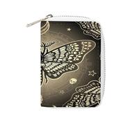 Women Leather Card Holder Coin wallet, Zipper Purse Key Change Compact Organizer Clutch Pouch Pocket 4.5x3.15 in Print Retro Moth Dead Head, Mystical Circle, Skull, Moon, Stars