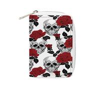 Women Leather Card Holder Coin wallet, Zipper Purse Key Change Compact Organizer Clutch Pouch Pocket 4.5x3.15 in Print White Skulls with Red Roses Seamless On White