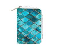 Women Leather Card Holder Coin wallet, Zipper Purse Key Change Compact Organizer Clutch Pouch Pocket 4.5x3.15 in Print Teal Square Glass Mosaic Seamless Texture