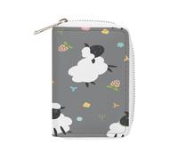 Women Leather Card Holder Coin wallet, Zipper Purse Key Change Compact Organizer Clutch Pouch Pocket 4.5x3.15 in Print Black White Sheep Lambs Wild Flowers on a Dark Gray Background