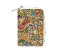 Women Leather Card Holder Coin wallet, Zipper Purse Key Change Compact Organizer Clutch Pouch Pocket 4.5x3.15 in Print Vintage Tarot Cards Old Retro Style